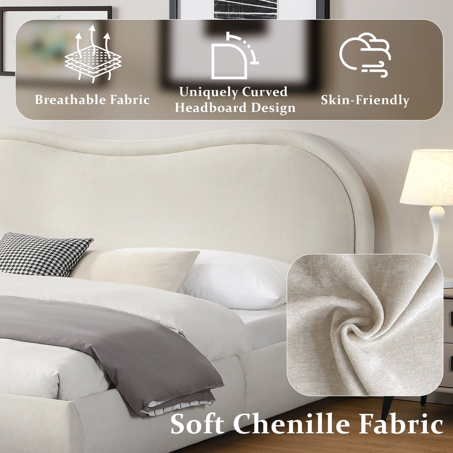 King Size Upholstered Platform Bed Frame with Rounded Corners