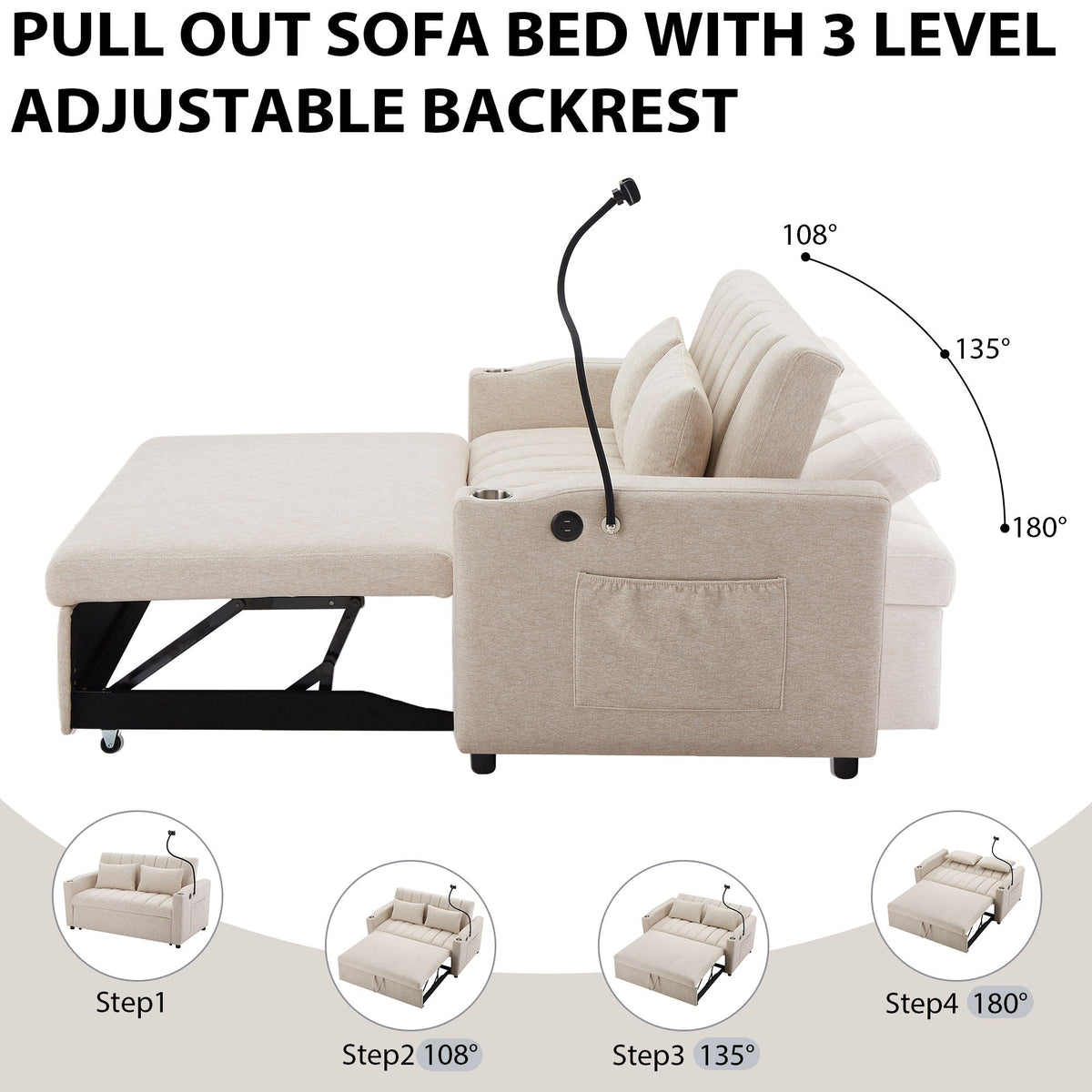 Convertible Sofa Bed Loveseat Sofa With Three USB Ports, Two Side Pockets, Two Cup Holders And 360° swivel - view 15
