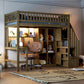 Wood Twin Size Loft Bed with Built-in Desk, LED, Storage Shelves, Cabinets and Staircase