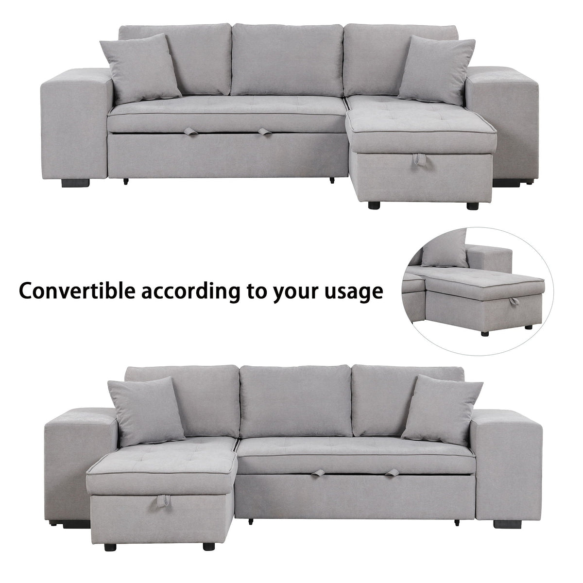 Modern L-Shape 3 Seat Reversible Sectional Couch, Pull Out Sleeper Sofa With Storage Chaise And 2 Stools For - view 23