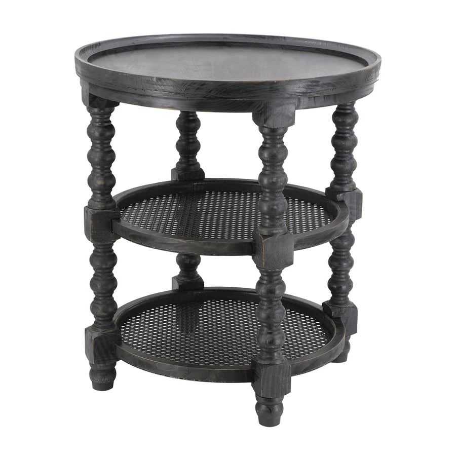 Round Three Tiered Side Table with Rattan Shelf