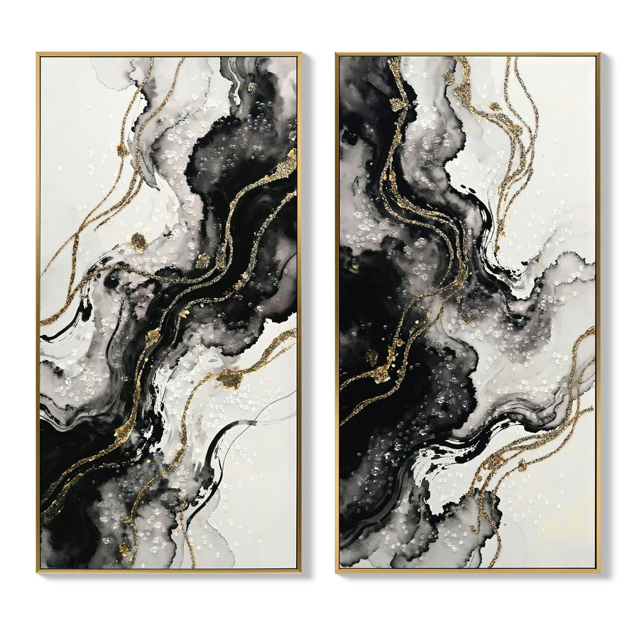 Large Framed Abstract Wall Art Set of 2 with 3D Texture - White / Black