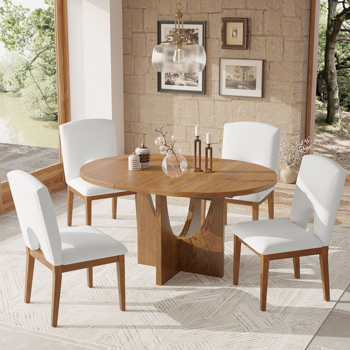 Topmax - 5 Piece Modern Extendable Round Dining Table Set With Removable Leaf For Small Places - view 10