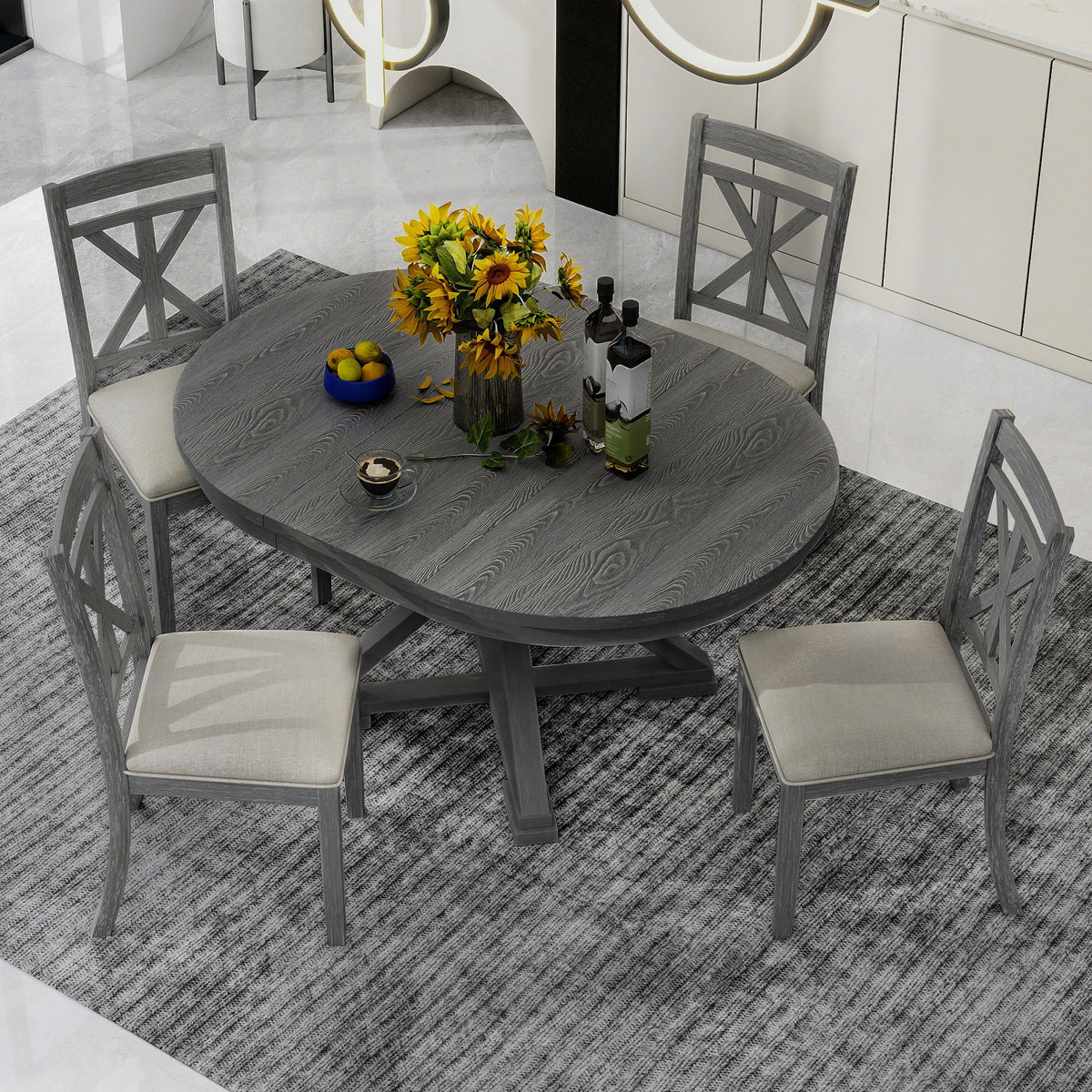 Dining Set With Extendable Round Table And 4 Upholstered Chairs - view 11
