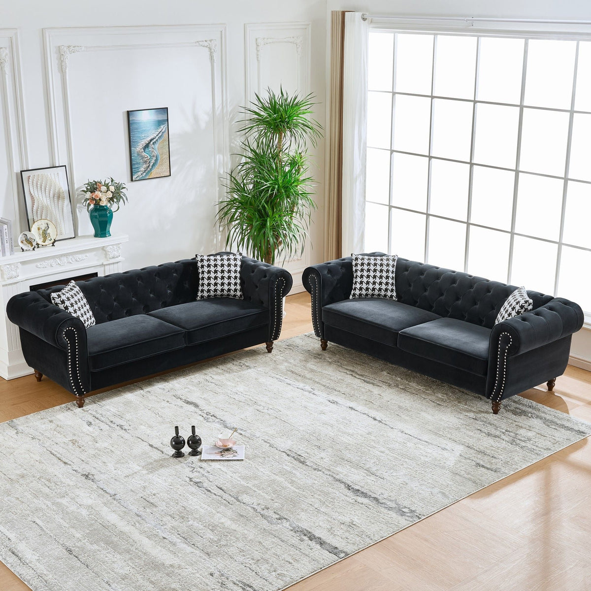 Chesterfield Upholstery Fabric Sofa With Roll Armrest & Nailhead, Mid Century Modern 3 And 3 Seater Couch - view 10
