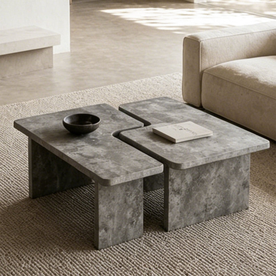 Modular Concrete Coffee Table Set of 2 with Faux Stone Veneer - Gray