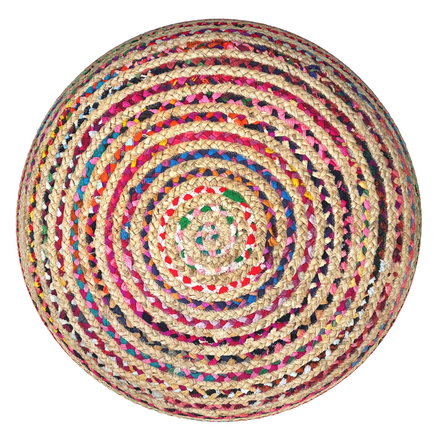 Margo 30 Inch Wide Round Pouf in Multi-Color Handwoven Jute and Cotton