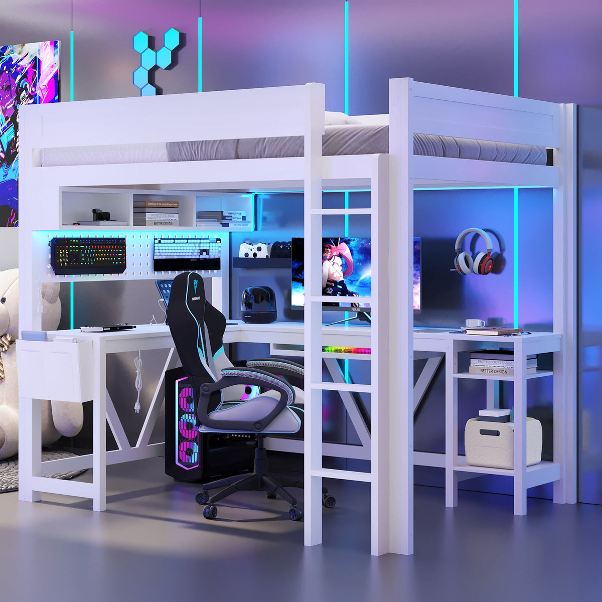 Wood Full Size Gaming Loft Bed with Desk, Storage Shelves, LED and Charging Station