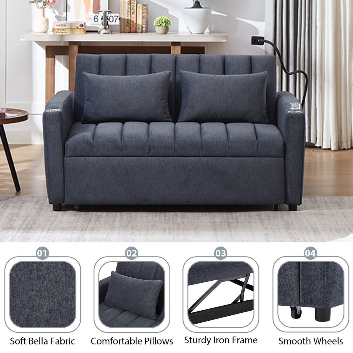 Convertible Sofa Bed Loveseat Sofa With Three USB Ports, Two Side Pockets, Two Cup Holders And 360° swivel - view 17