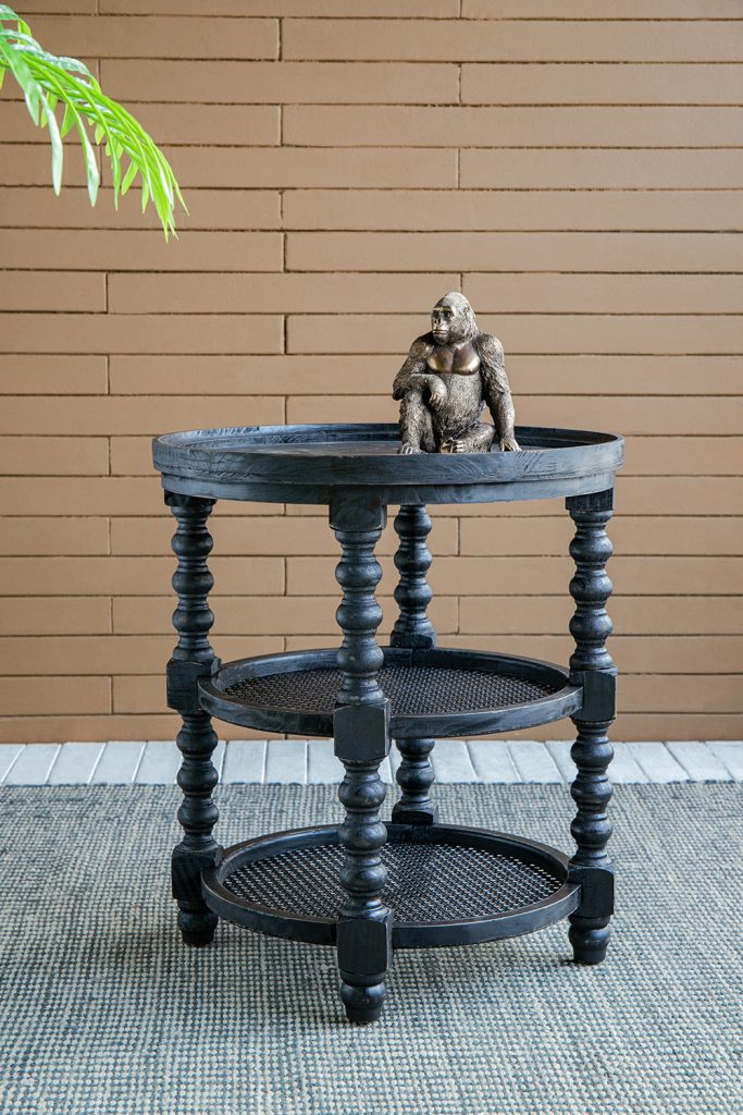 Round Three Tiered Side Table with Rattan Shelf
