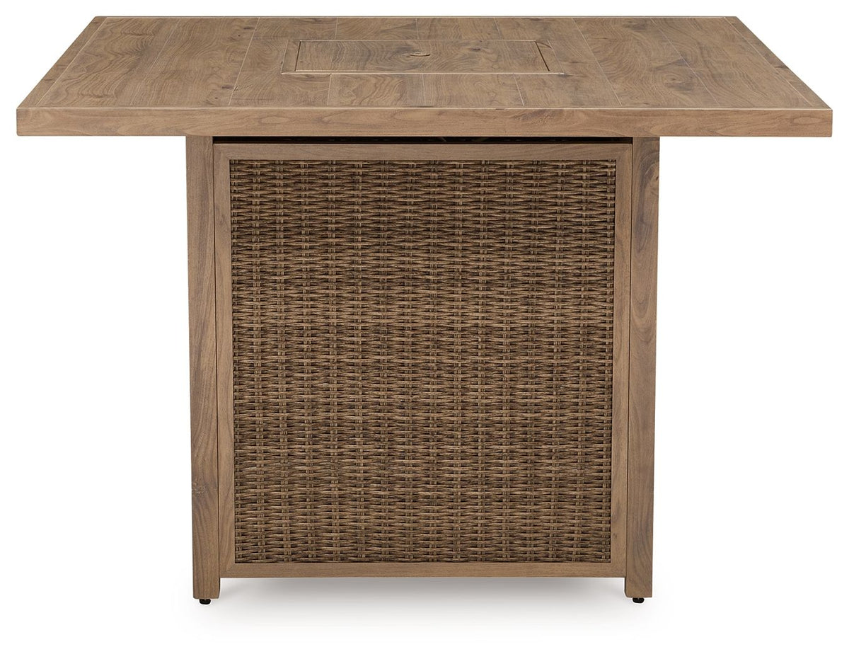 Walton Bridge - 5 Pc. - Square Bar Table W/Fire Pit, 4 Barstools - Driftwood