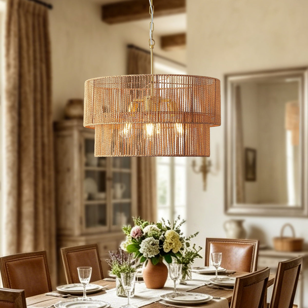 Chandelier, 2 Tier Boho Wabi Sabi Pendant Light, Hanging Ceiling Lamp - Gold - view 6