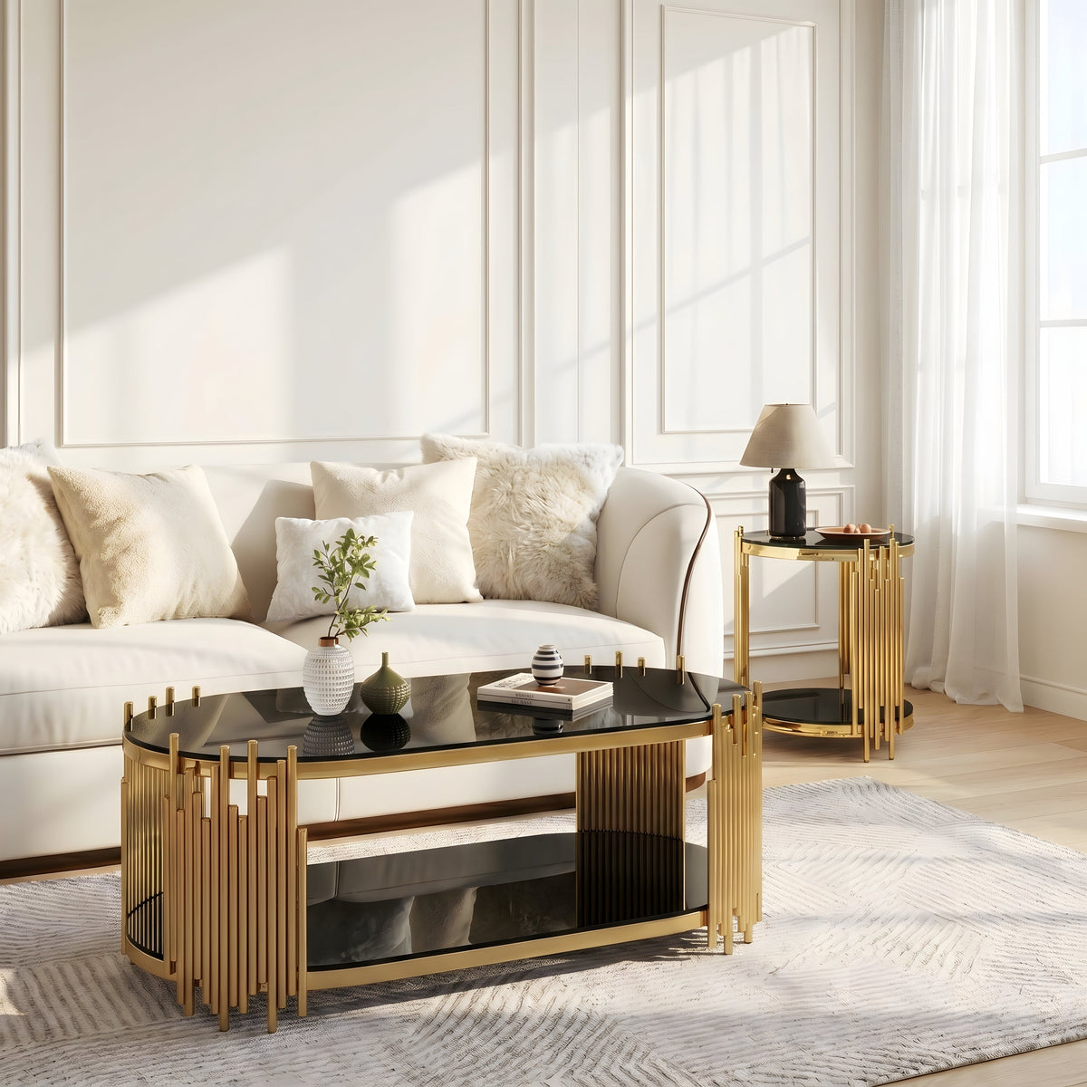 Modern Luxury Coffee Table and Side Table Set, 2-Piece Oval