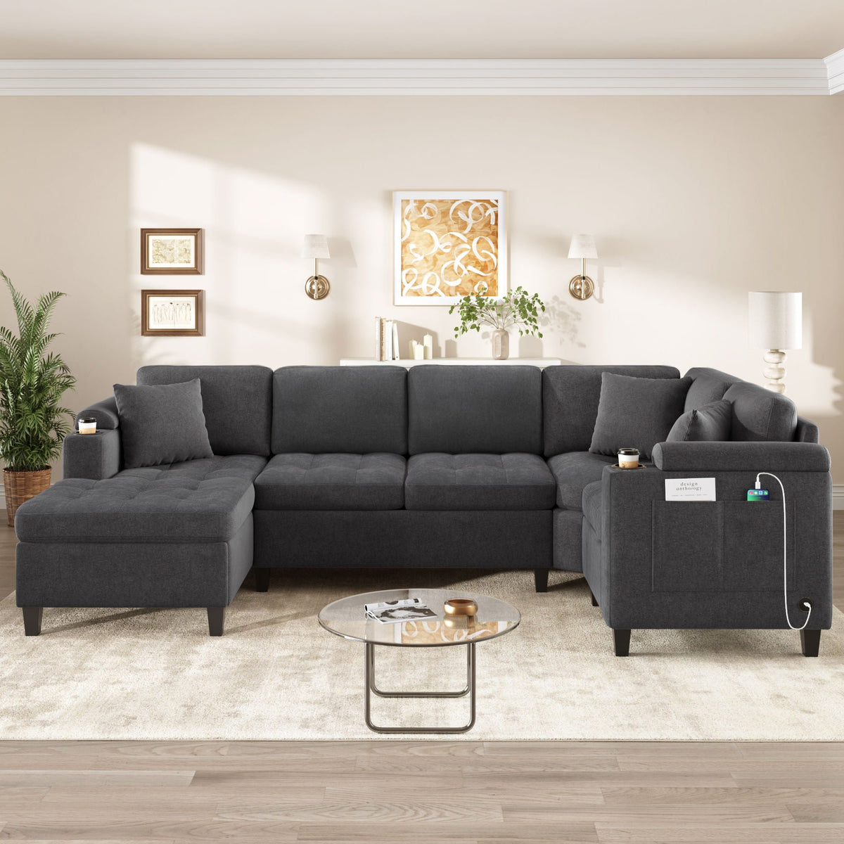 U Shaped Sectional Sofa, Corner Living Room Couch With Built In Cup Holders, Storage, USB Ports - view 21