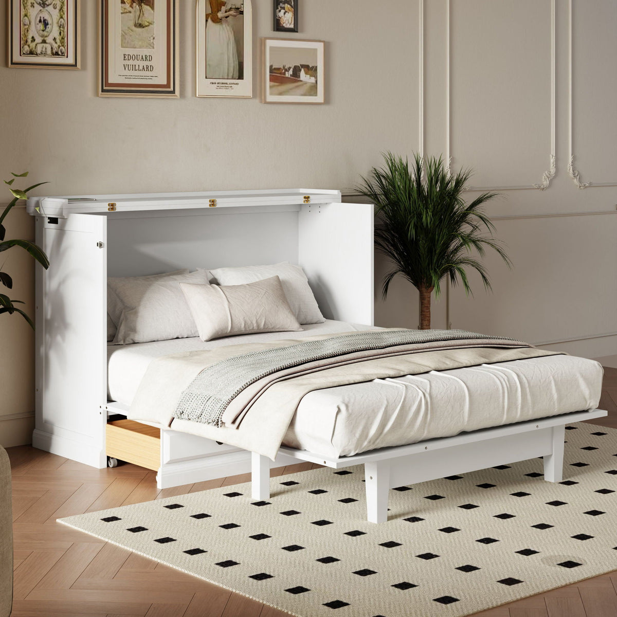 Solid Pine Murphy Bed Chest Cube Cabinet Bed With Charging Station And Large Storage Drawer For Home Office - view 15