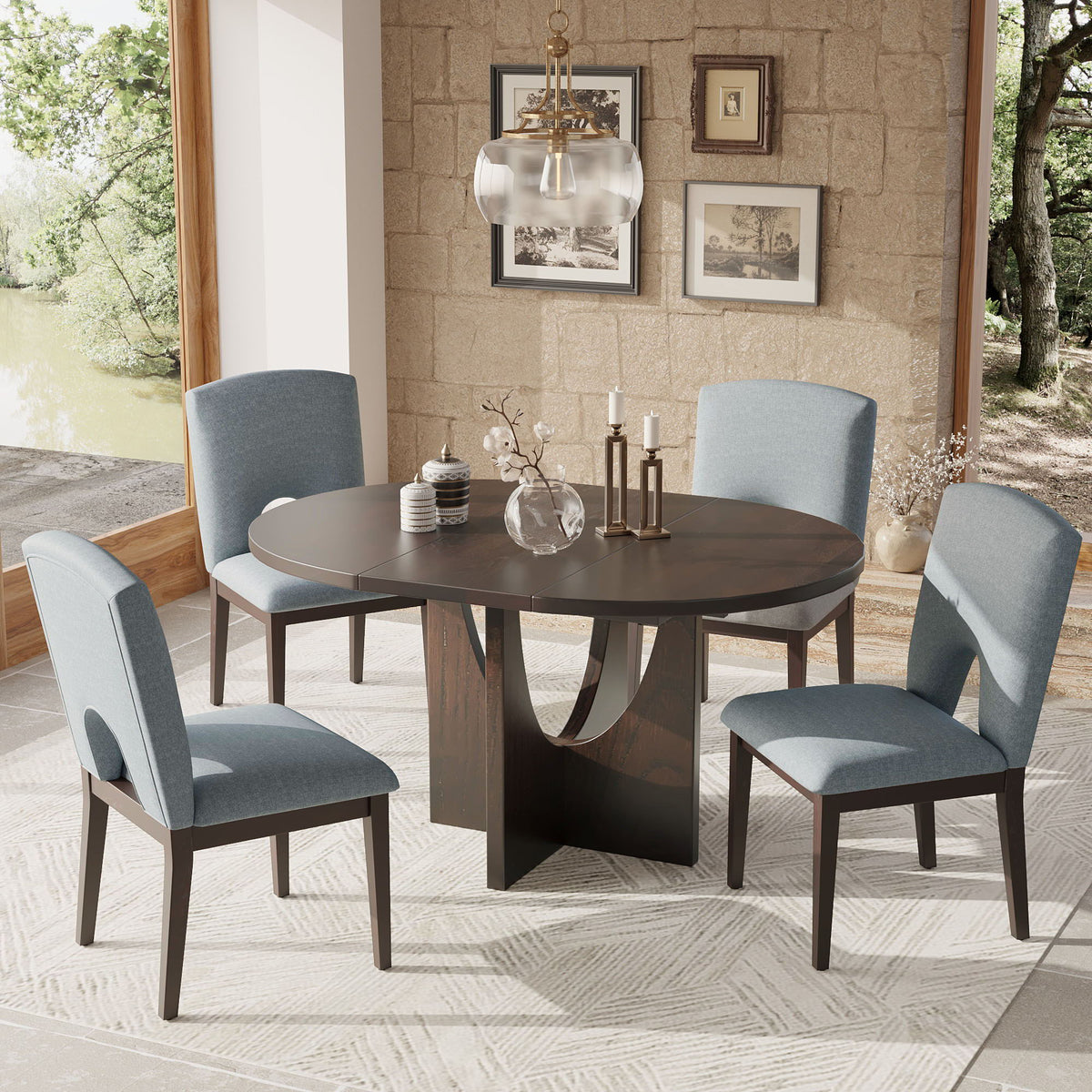 Topmax - 5 Piece Modern Extendable Round Dining Table Set With Removable Leaf For Small Places - view 11