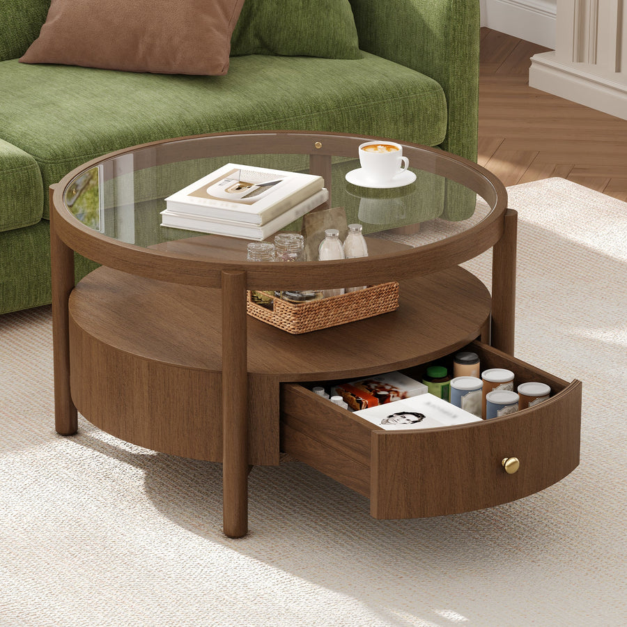 Solid Wood Round Glass Top Coffee Table with Storage Drawer - Walnut