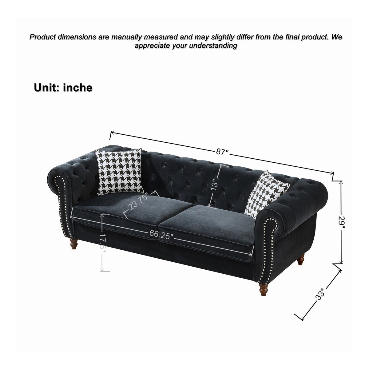 Chesterfield Upholstery Fabric Sofa With Roll Armrest & Nailhead, Mid Century Modern 3 And 3 Seater Couch - view 12