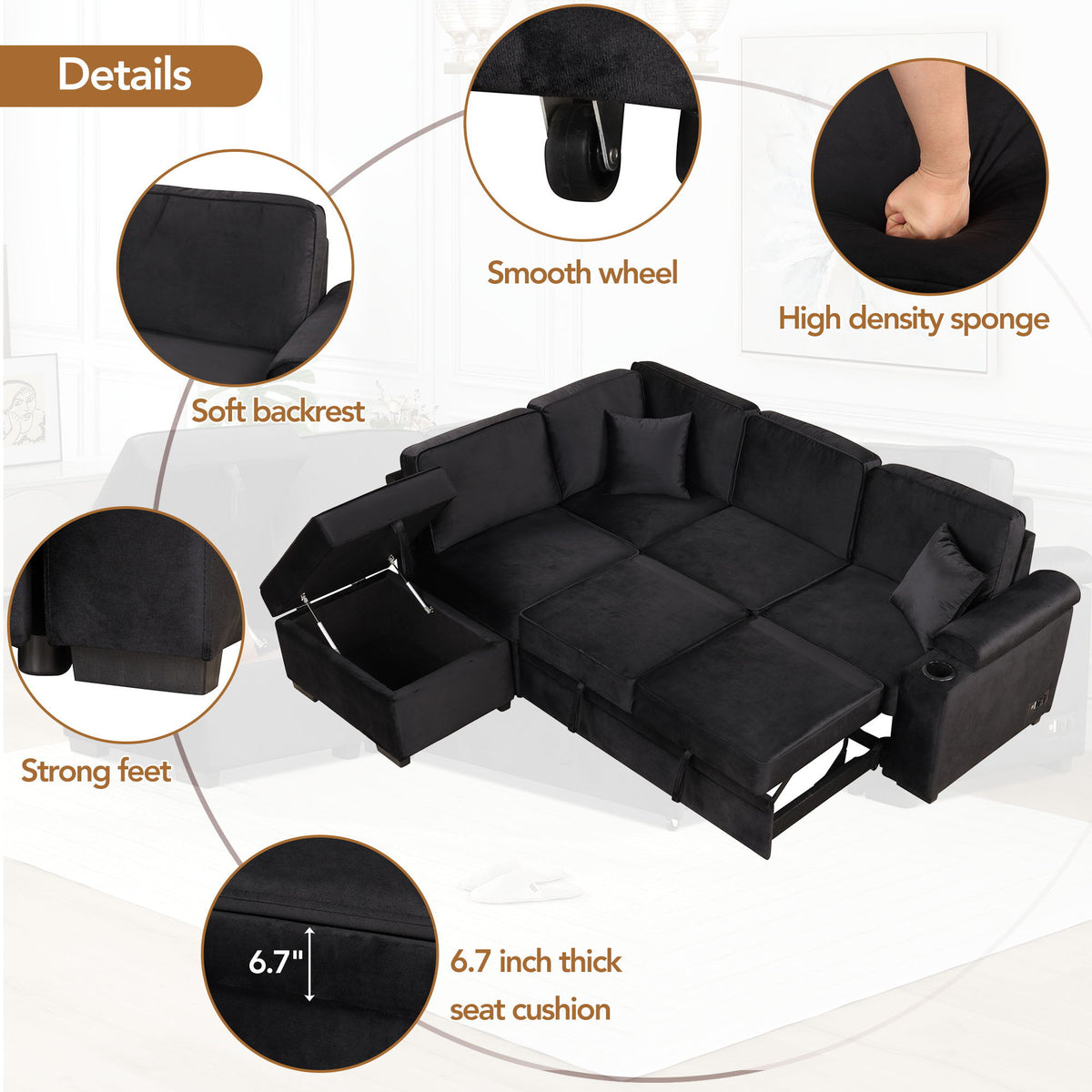 Sleeper Sofa Bed, 2 In 1 Pull Out Sofa Bed L Shape Couch With Storage Ottoman For Living Room, Bedroom Couch - view 22