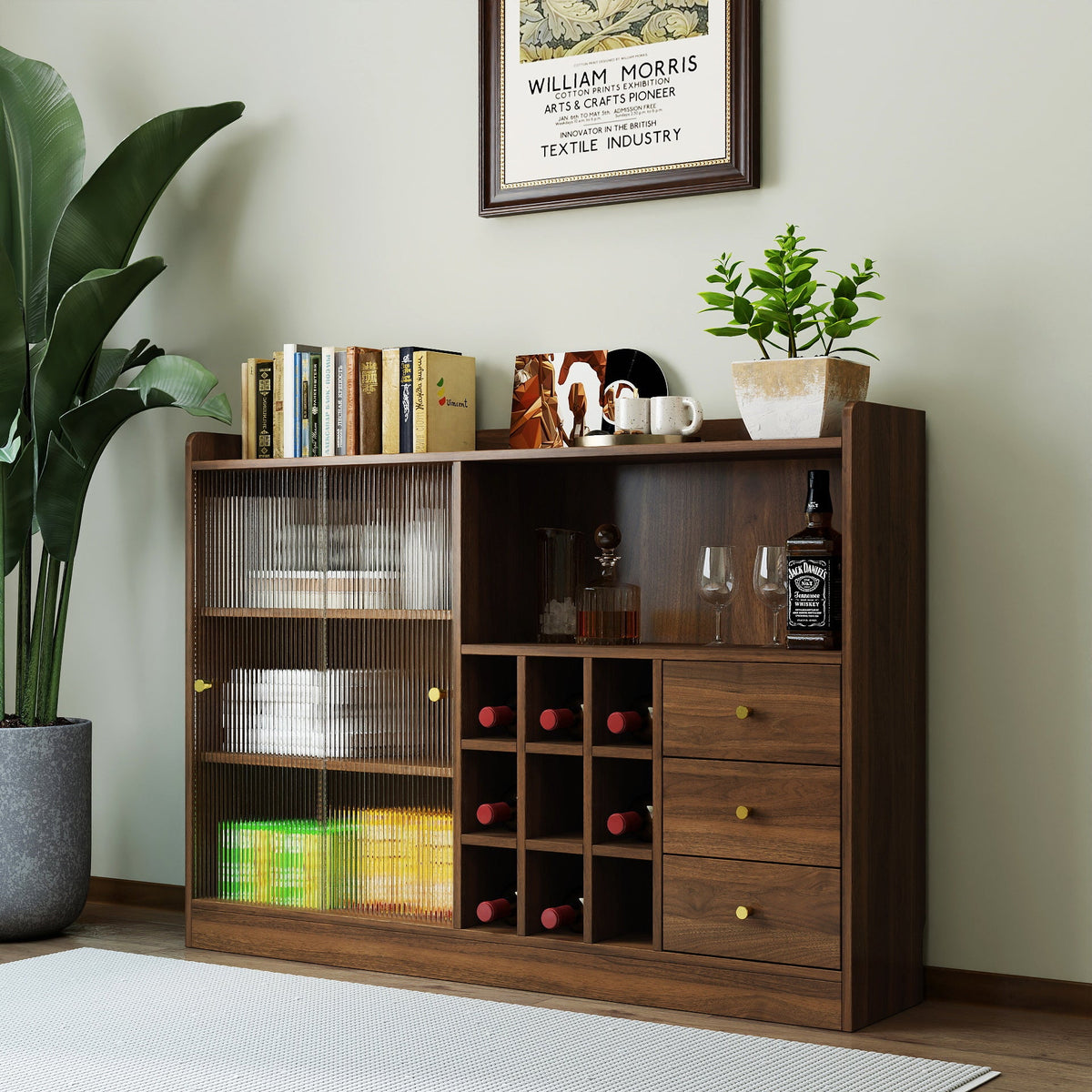 Sideboard With 2 Sliding Striped Glass Doors