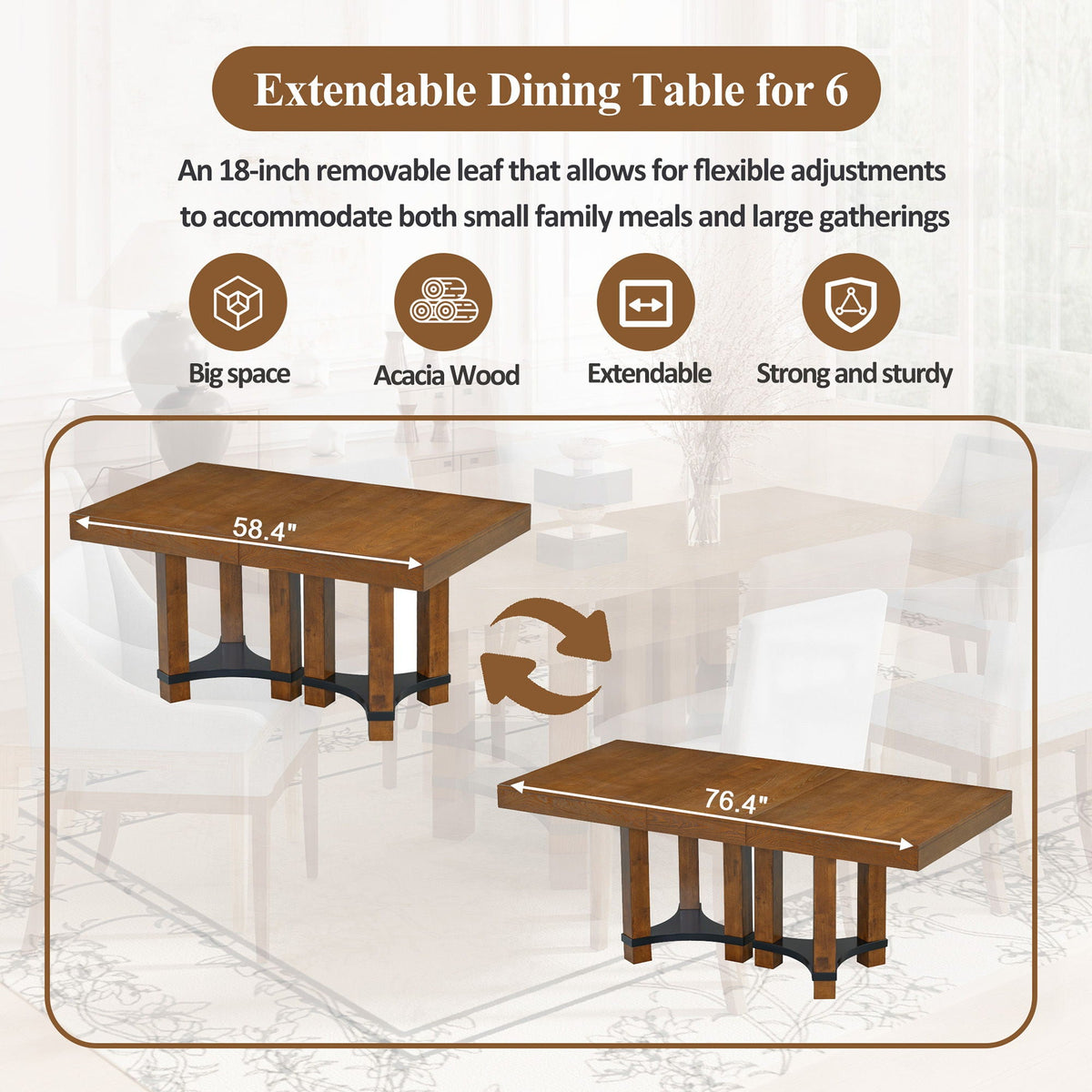 Topmax - 7 Piece Rustic Extendable Dining Table Set With Removable Leaf, 2 Arm Chairs And 4 Armless Chairs - view 6