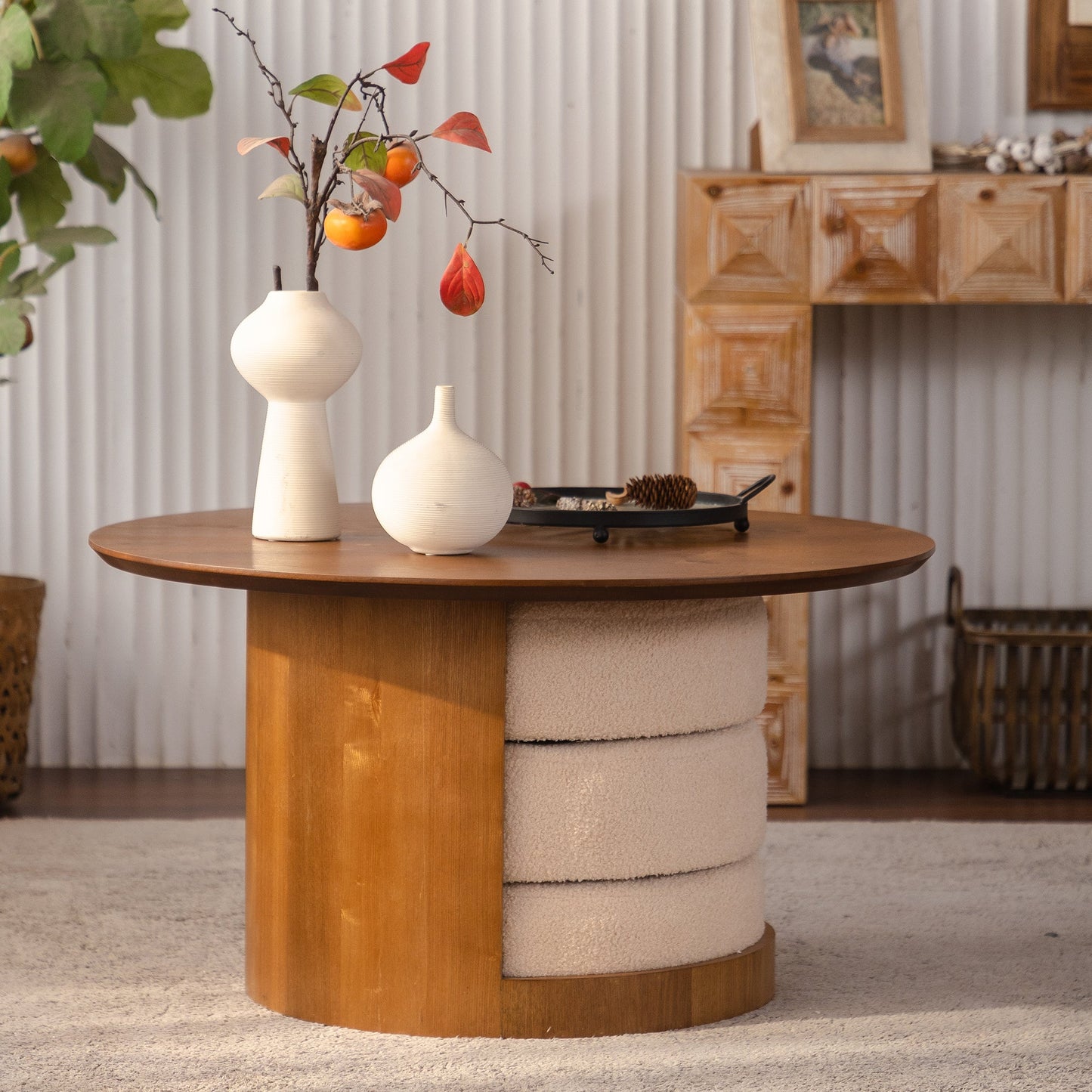 31.5" Round Wood Coffee Table with 3 Teddy Fabric Nesting Stools