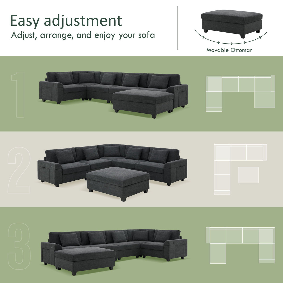 U Shaped Sectional Sofa 6 Seat Couch Set With Oversized Ottoman, Hidden Armrest Storage And Cup Holders USB - view 7