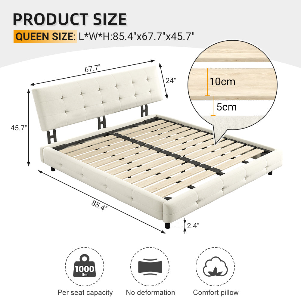 Queen Size Tufted Bed Frame with Extra-Large Ultra-Soft Cloud Pillow Design