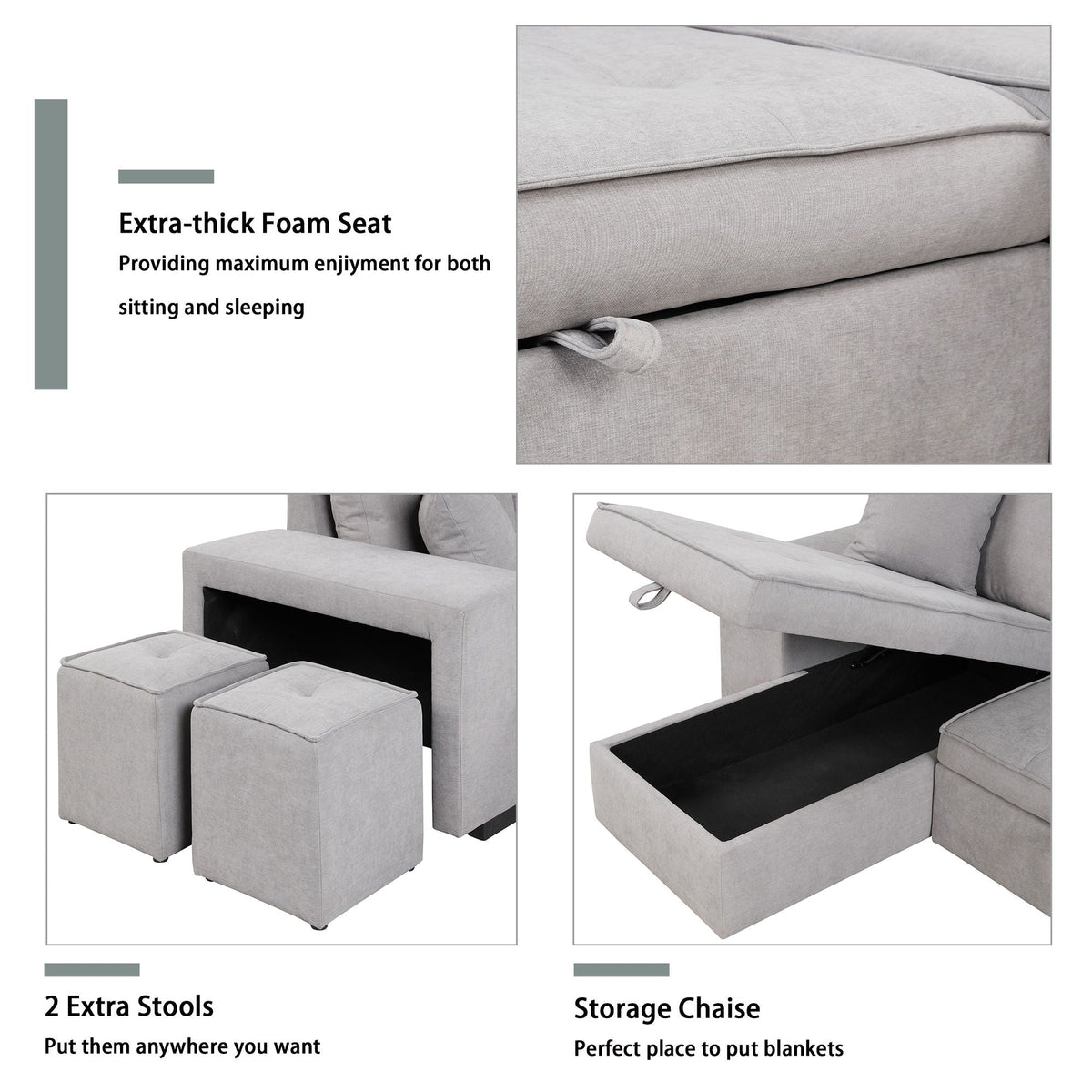 Modern L-Shape 3 Seat Reversible Sectional Couch, Pull Out Sleeper Sofa With Storage Chaise And 2 Stools For - view 24