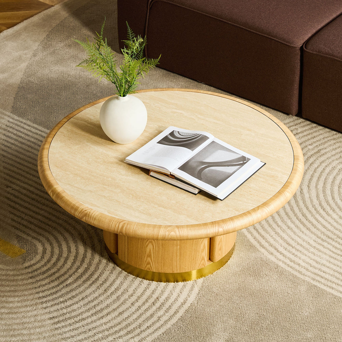 Round Coffee Table with MDF Pedestal and Sintered Stone Top - Natural or Black