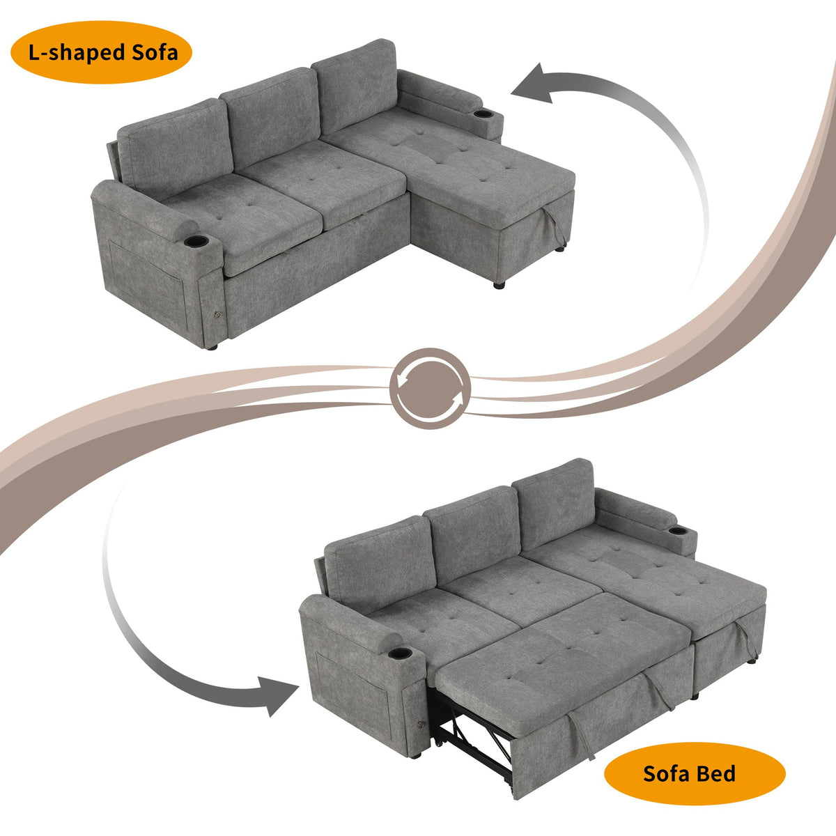 Convertible L Shaped Sofa Couch With Storage, Cup Holders, USB Ports - view 16