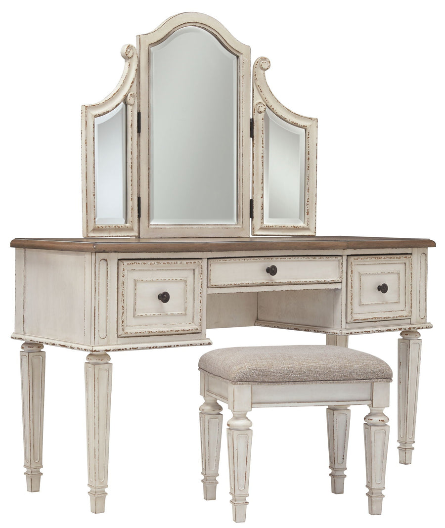 Realyn - Vanity/Mirror/Stool (Set of 3) - White / Brown / Beige