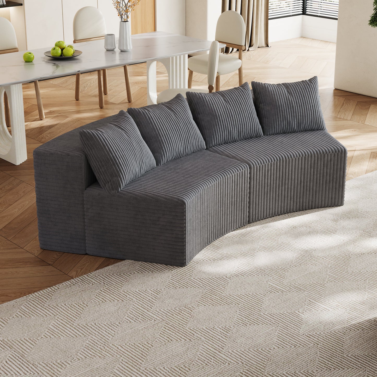 Corduroy Curved Sectional Sofa with Four Pillows
