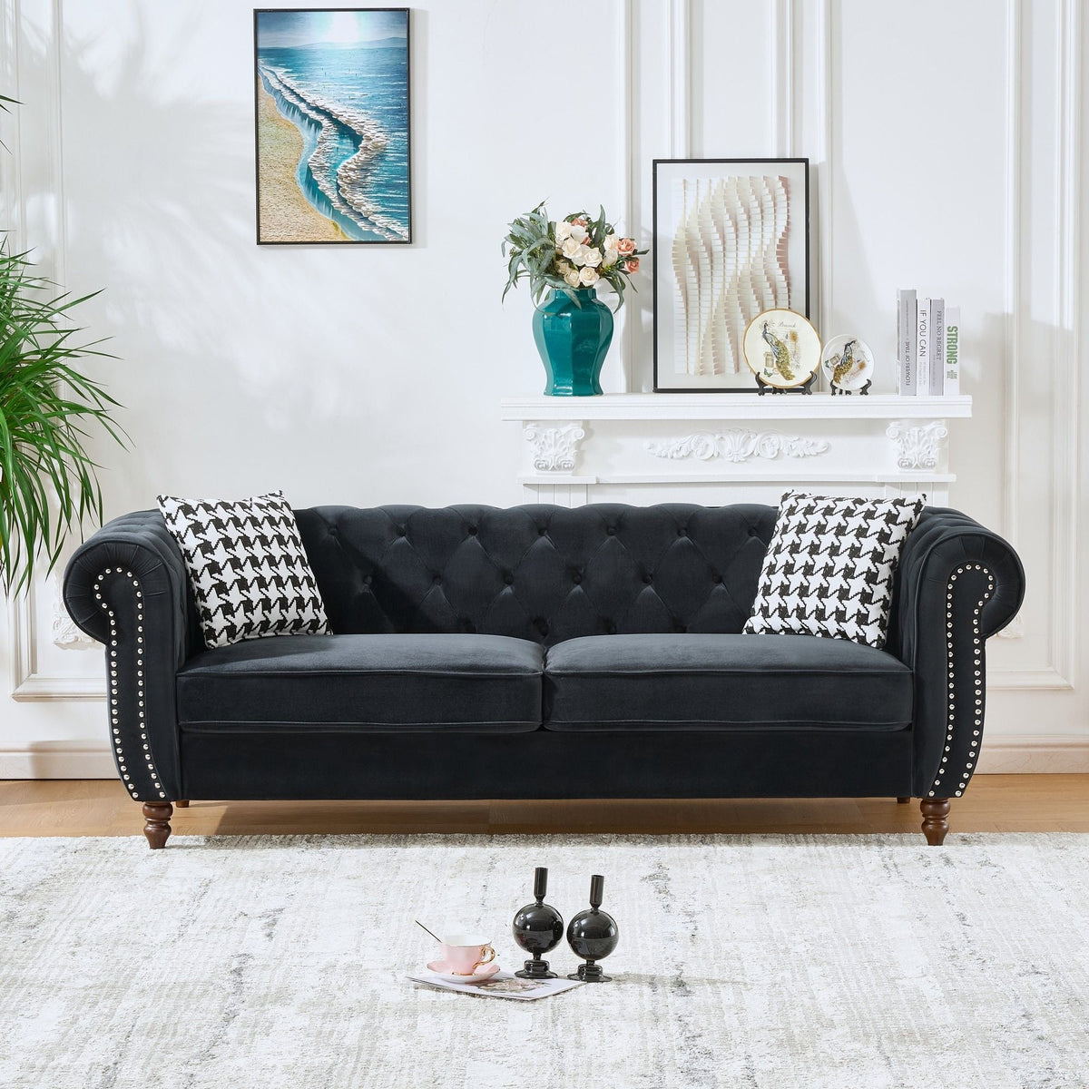 Chesterfield Upholstery Fabric Sofa With Roll Armrest & Nailhead, Mid Century Modern 3 And 3 Seater Couch - view 13