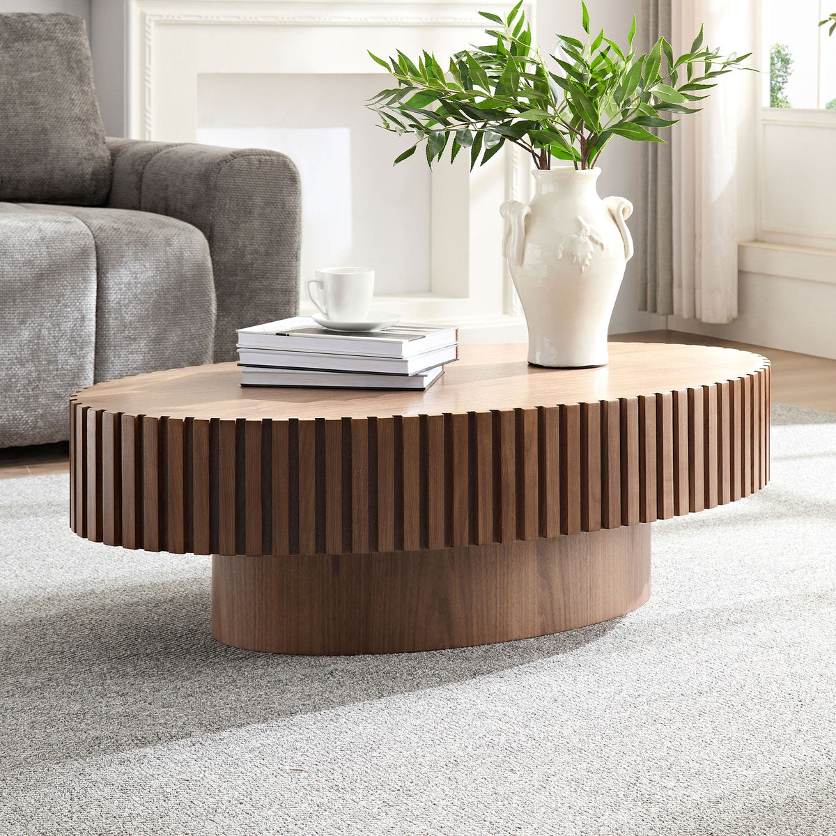 Modern Handcraft Drum Coffee Table with Pedestal Design - Brown