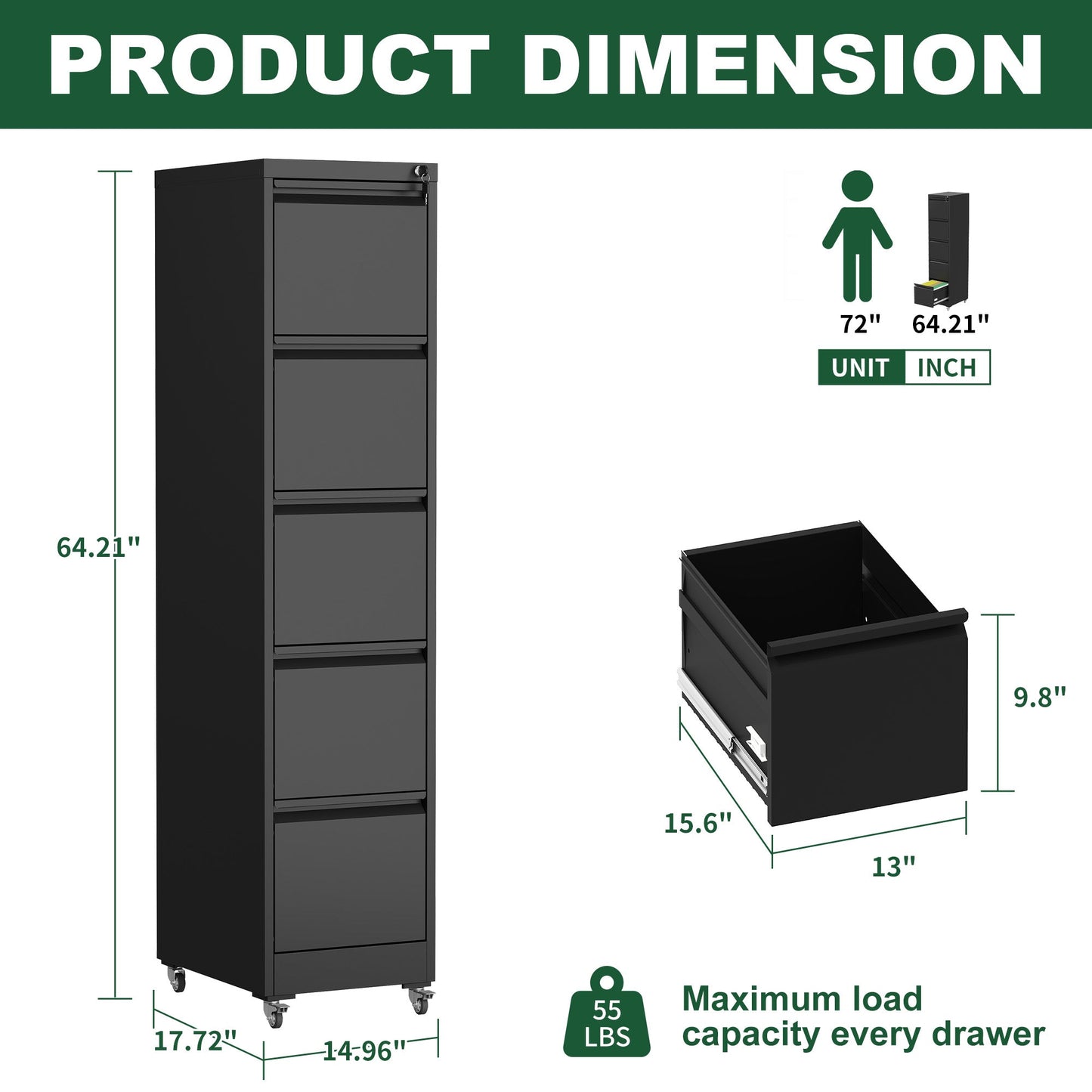 5 Drawer Metal Vertical File Cabinet with Lock on Wheels