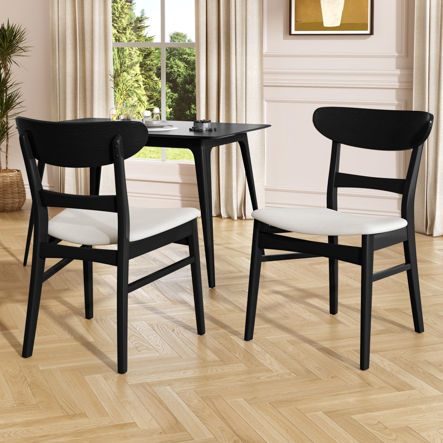 Set of 2 Dining Chairs - Upholstered Seat, Rubberwood Legs