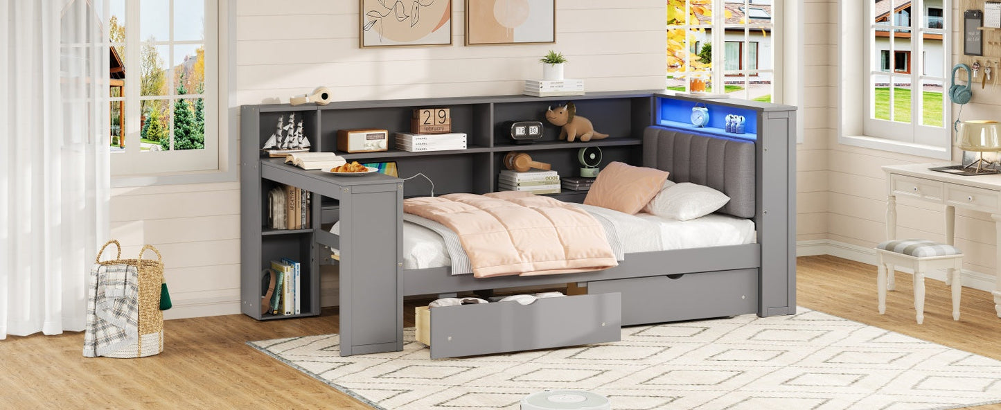Wood Twin Size Platform Bed with Storage Shelves and Charging Station