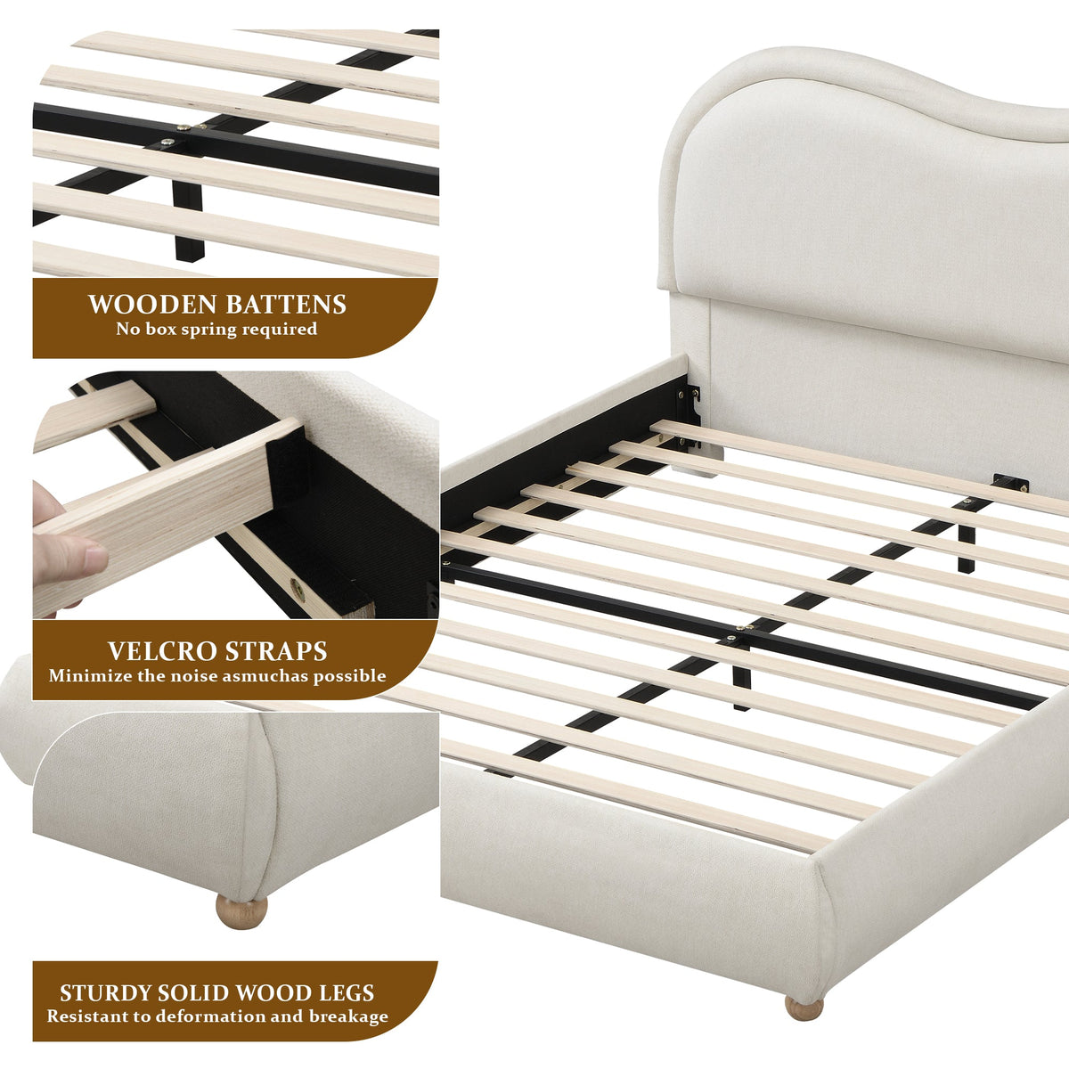 King Size Upholstered Platform Bed Frame with Rounded Corners