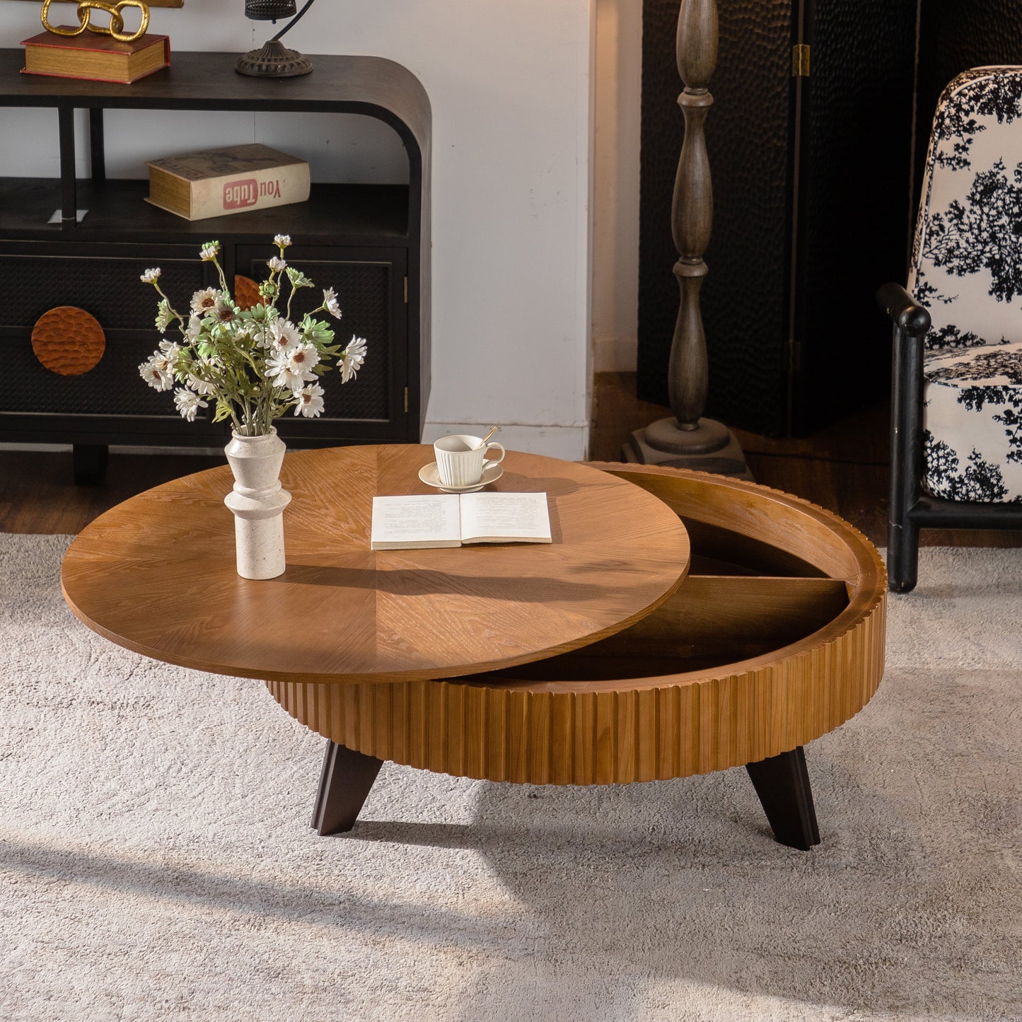 39.37" Retro Round Coffee Table with Storage Space