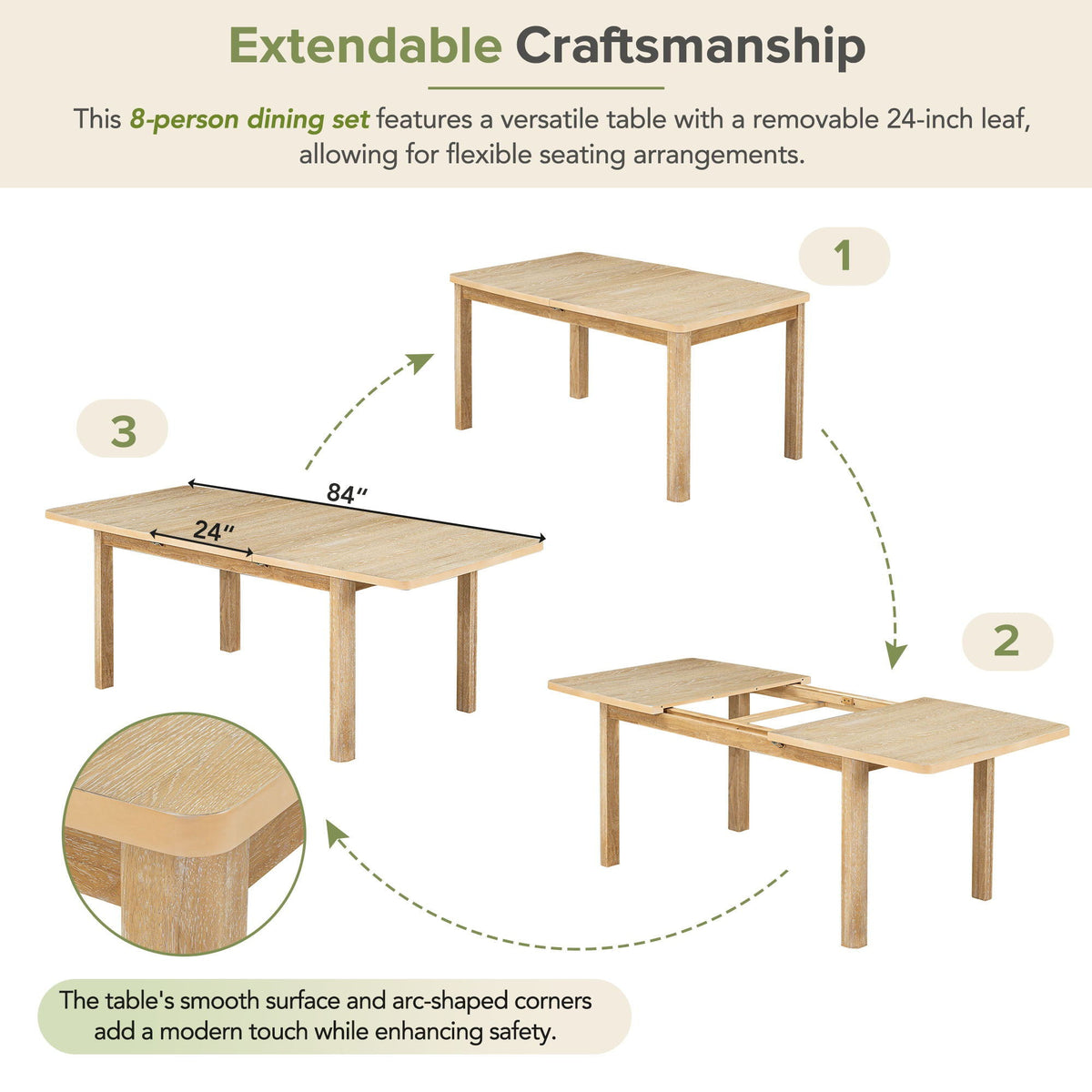 Topmax - Rustic Extendable Dining Table Set With Removable Leaf, 6 Upholstered Armless Dining Chairs And 2 - view 11