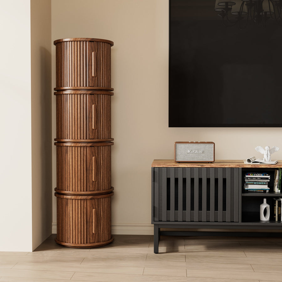 Round Nightstands with Sliding Door Storage - Walnut