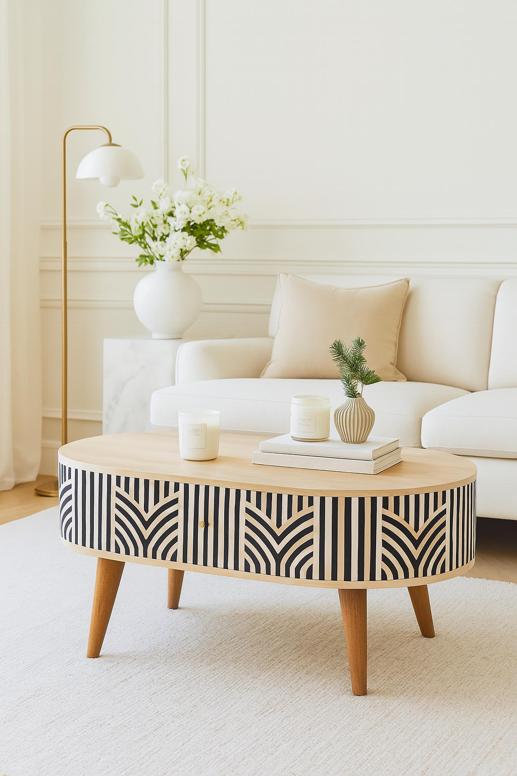 Edessa Bone Inlay Coffee Table with 2-Drawers and Nordic Legs - Bone Inlay