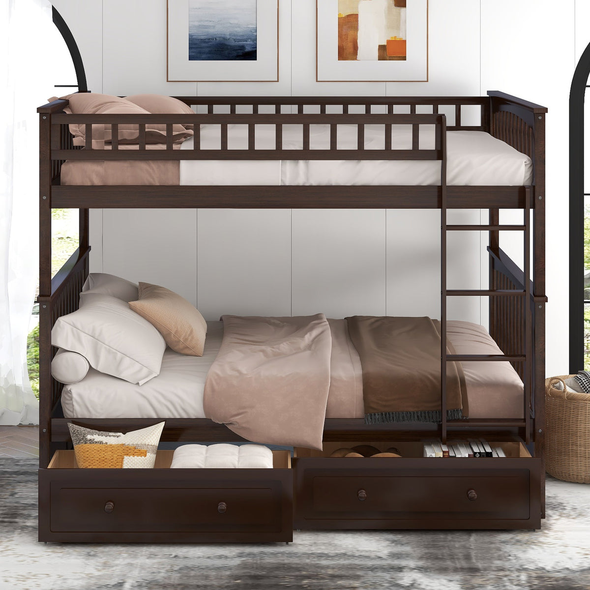 Full Over Full Bunk Bed with Drawers, Convertible Beds