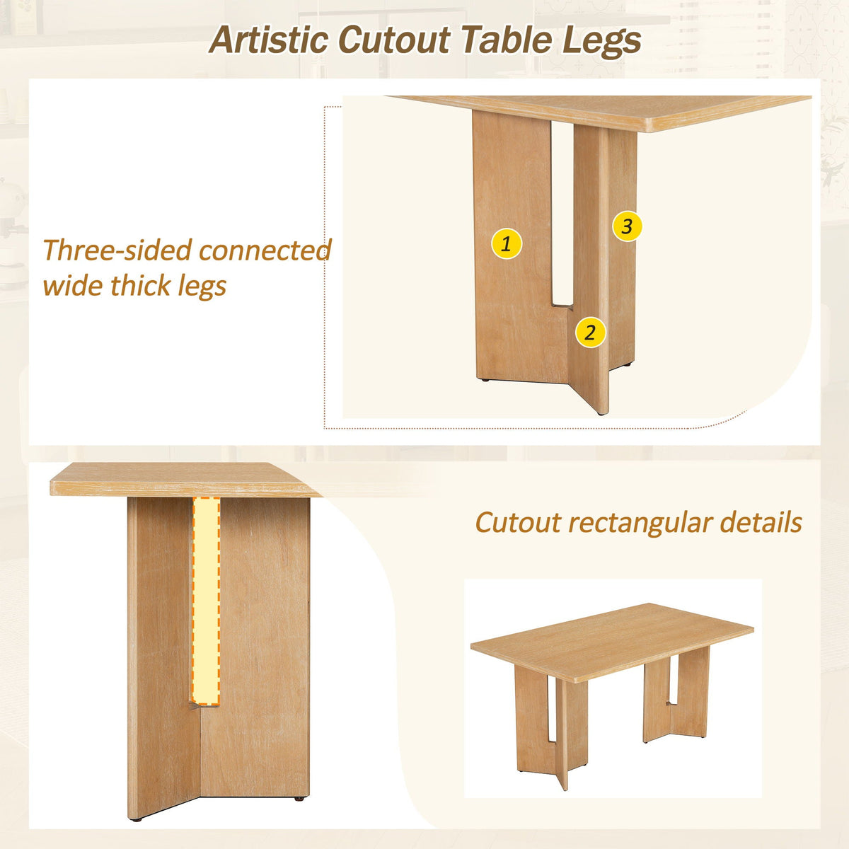 Dining Table Set With 6 Upholstered Chairs, Rectangular Table With Cutout Legs - view 13