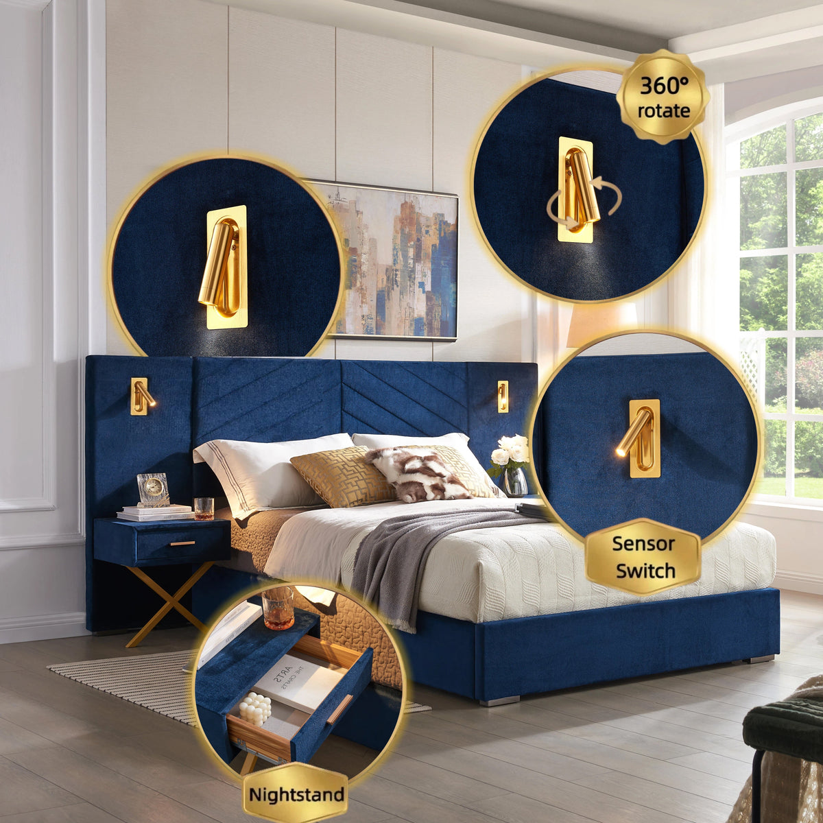 Queen Size Velvet Bed Frame with Wingback Headboard