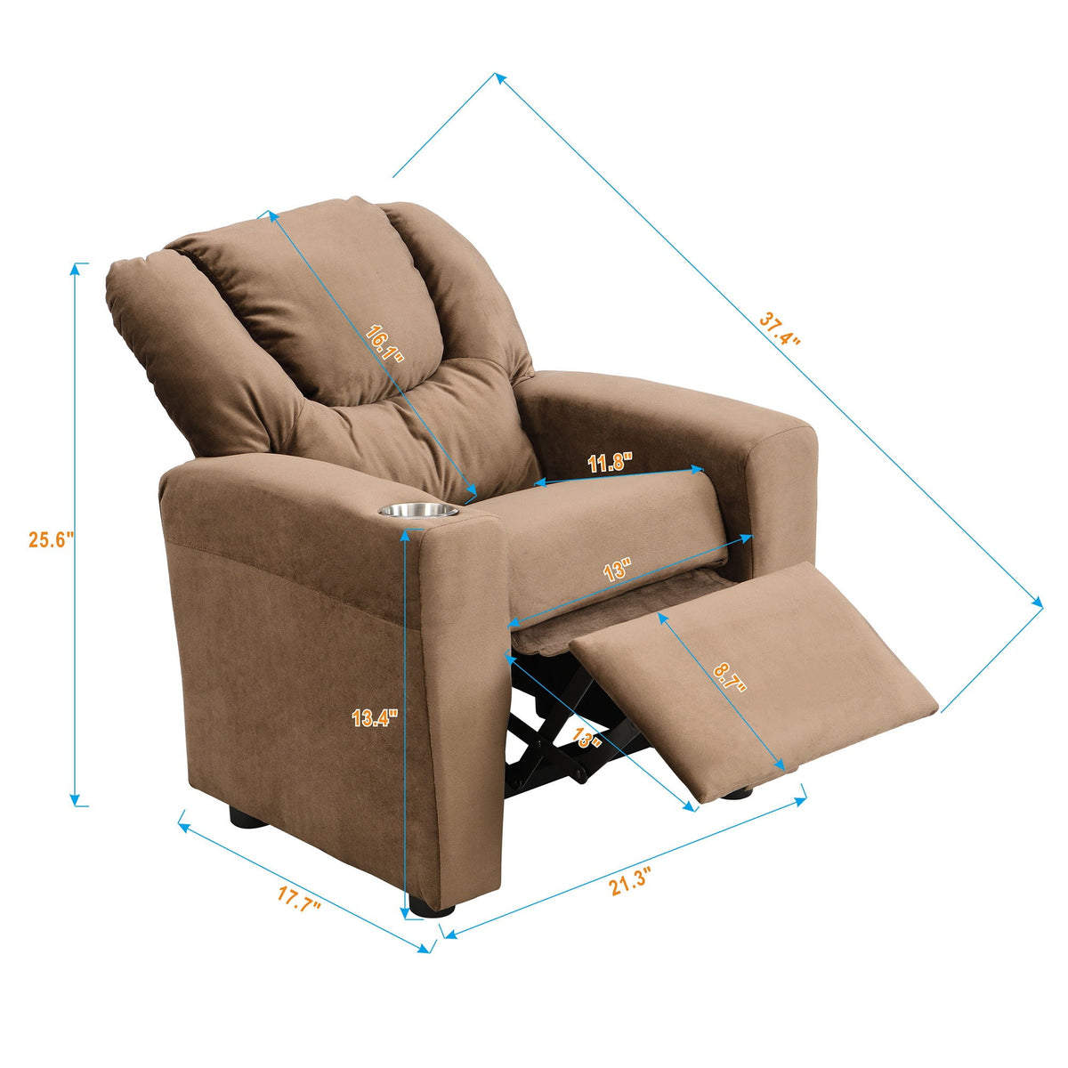 Kids Recliner Chair, Kids Upholstered Couch With Two Cup Holder, Footrest, Backrest, Toddlers Recliner With - view 4