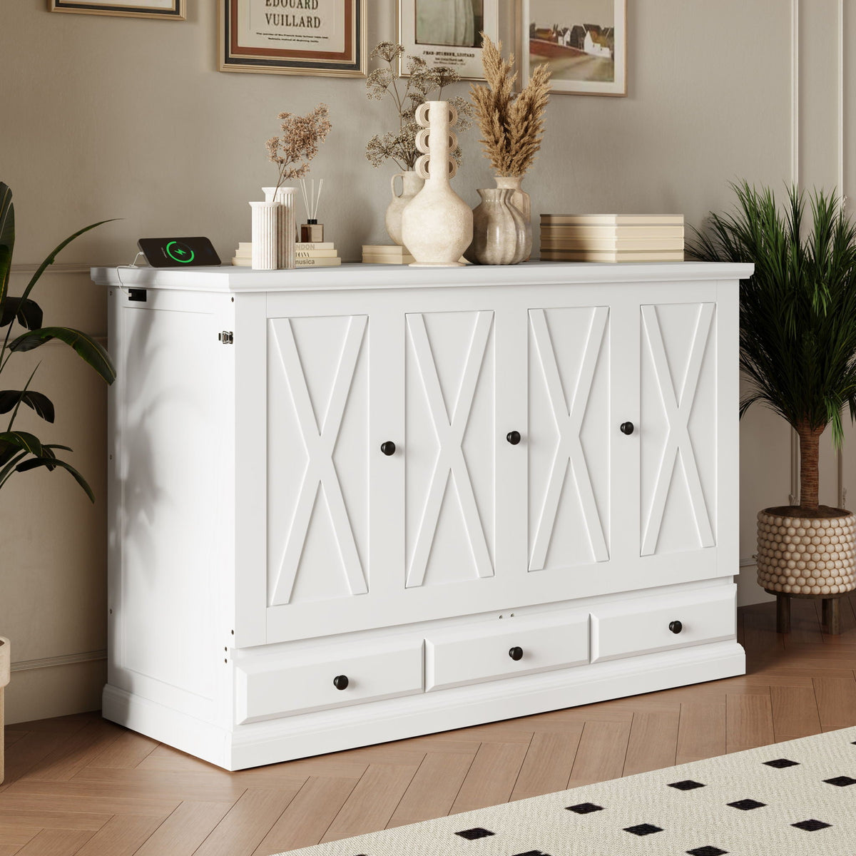 Solid Pine Murphy Bed Chest Cube Cabinet Bed With Charging Station And Large Storage Drawer For Home Office - view 16