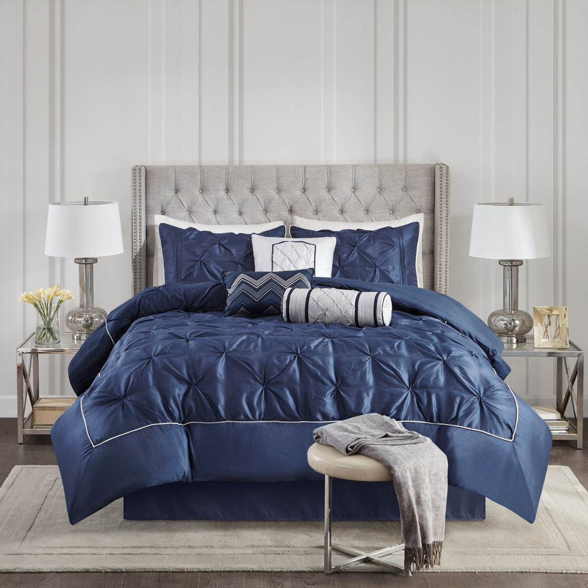 7 Piece Tufted Comforter Set Navy King