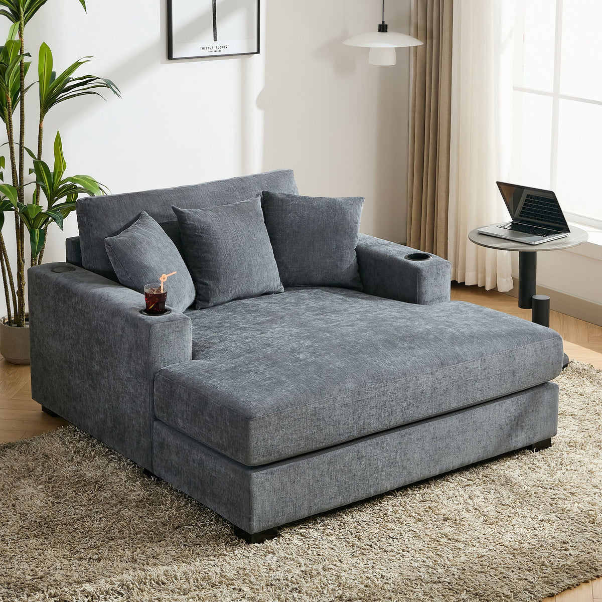 Oversized Chaise Lounger Modern Style Sofa Couch, With Pillows, Charge Station & Cup Holders - view 6